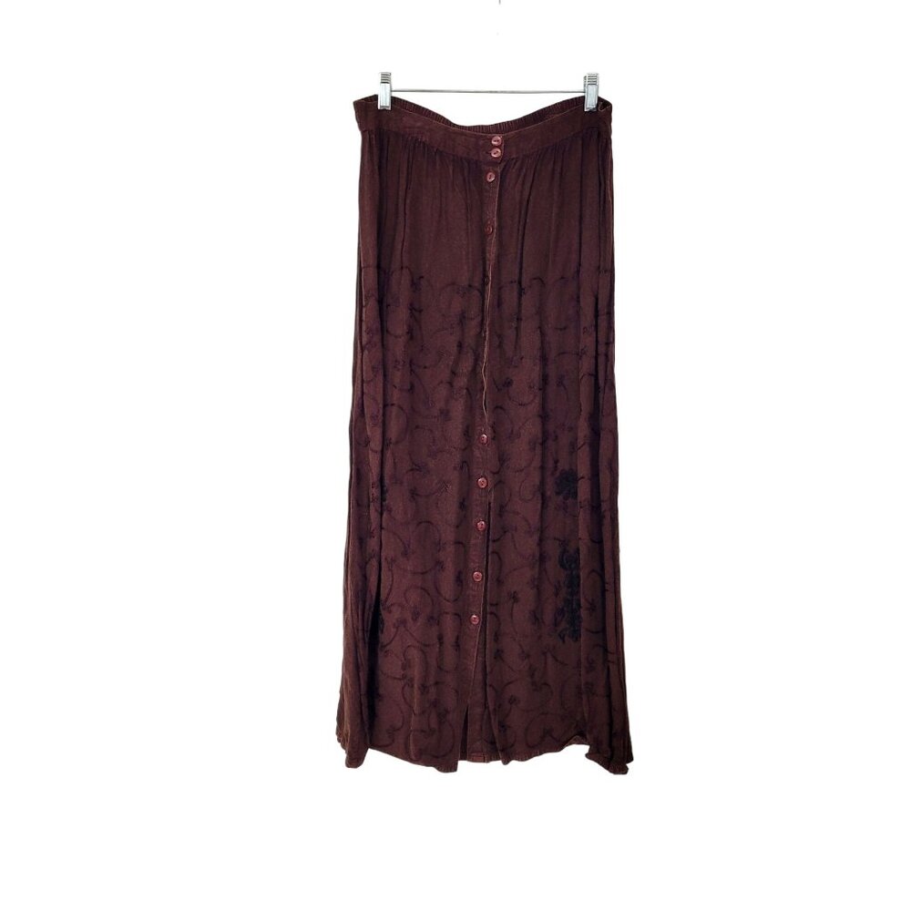 Vintage Embroidered Brown Rayon Button Front Midi Skirt - Picture 1 of 4